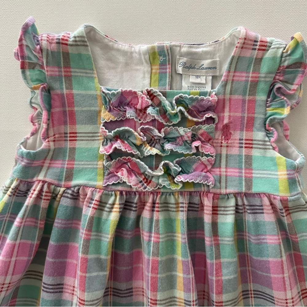 Ralph Lauren 18 Months Baby Girl Pink Green Pastel Plaid Ruffle Dress Spring - Picture 2 of 4
